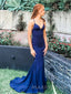 Navy Blue V-neck Mermaid Long Evening Prom Dresses, Custom Spaghetti Straps Prom Dress, MR8812