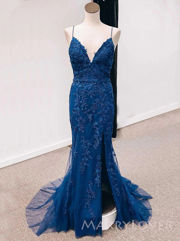 Popular Spaghetti Straps Navy Blue Tulle Appliques Mermaid Long Evening Prom Dresses, Custom V-neck Prom Dress, MR8817