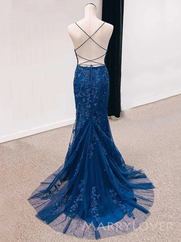Popular Spaghetti Straps Navy Blue Tulle Appliques Mermaid Long Evening Prom Dresses, Custom V-neck Prom Dress, MR8817