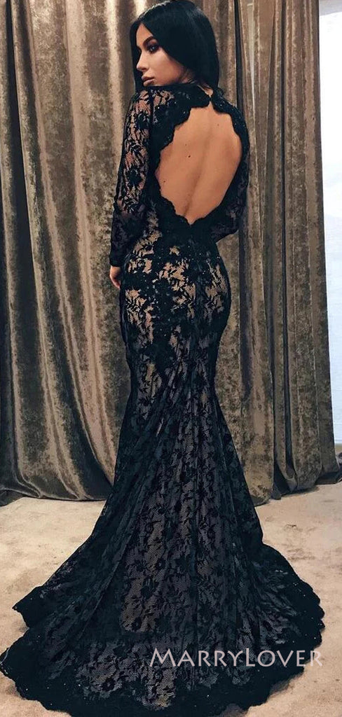 High-neck Black Lace Formal Mermaid Long Evening Prom Dresses, Long Sleeves Prom Dress, MR8879