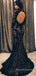 High-neck Black Lace Formal Mermaid Long Evening Prom Dresses, Long Sleeves Prom Dress, MR8879