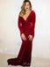 Mermaid Deep V-neck Dark Red Velvet Long Sleeves Long Evening Prom Dresses, MR8891