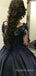 Long Sleeves Black Satin Appliques A-line Long Evening Prom Dresses, Off Shoulder Prom Dress, MR8907