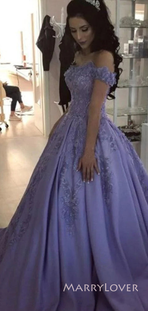 Off Shoulder Lilac Satin Appliques Long Evening Prom Dresses, A-line Prom Dress, MR8912