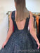 Navy Blue Sequins V-neck Long Evening Prom Dresses, A-line Sparkly Prom Dress, MR8927