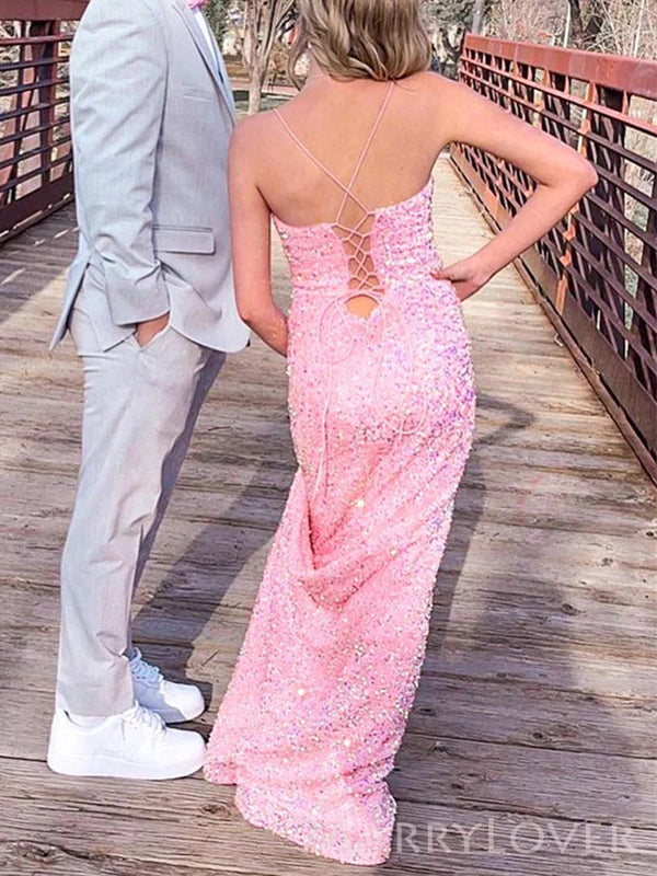 Pink Sequins Mermaid Spaghetti Straps Long Evening Prom Dresses, V-neck Prom Dress, MR8950