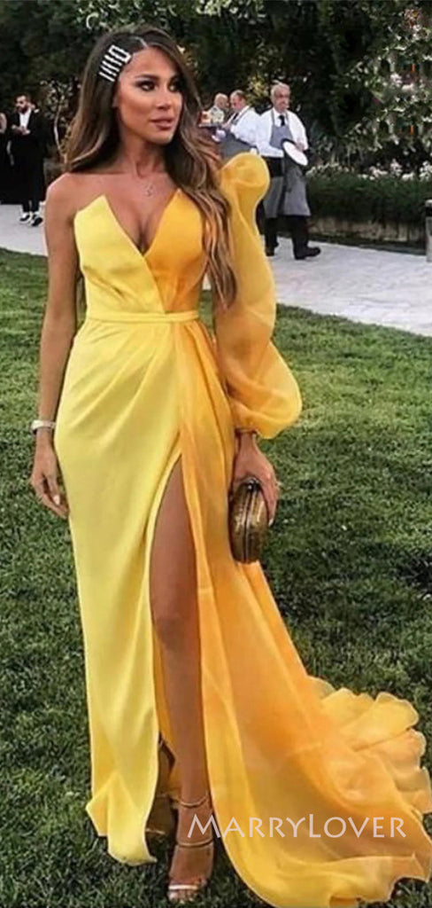One Shoulder Yellow Long Sleeves Long Evening Prom Dresses, V-neck Prom Dress, MR8982