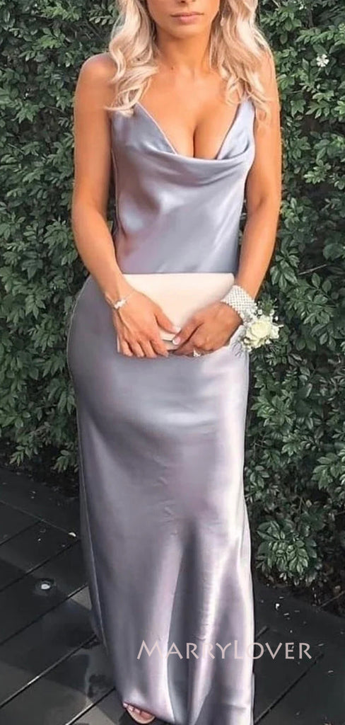 Cowl-neck Silver Grey Satin Mermaid Long Evening Prom Dresses, Spaghetti Straps Prom Dress, MR9056