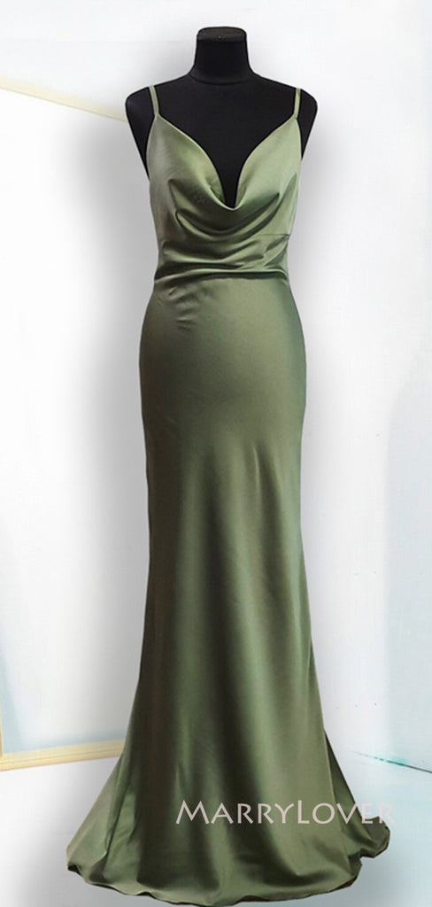 Sage Green Satin Cowl-neck Mermaid Spaghetti Straps Long Evening Prom Dresses, MR9061