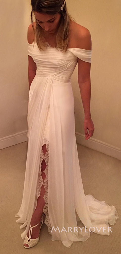 Off Shoulder A-line White Chiffon Lace Long Evening Prom Dresses, Side Slit Wedding Dress, MR9075