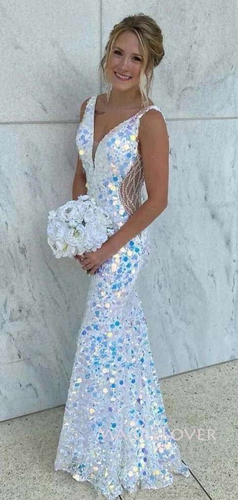 Deep V-neck Sequins Mermaid Long Evening Prom Dresses, Sparkly Custom Prom Dress, MR9098
