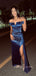 Popular Navy Blue Satin Mermaid Long Evening Prom Dresses, Off Shoulder Prom Dress, MR9105