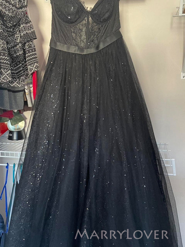 Popular Black Tulle Lace Sweetheart Long Evening Prom Dresses, A-line Custom Prom Dress, MR9172