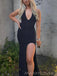 Halter Black Mermaid Backless Long Evening Prom Dresses, Side Slit Prom Dress, MR9224