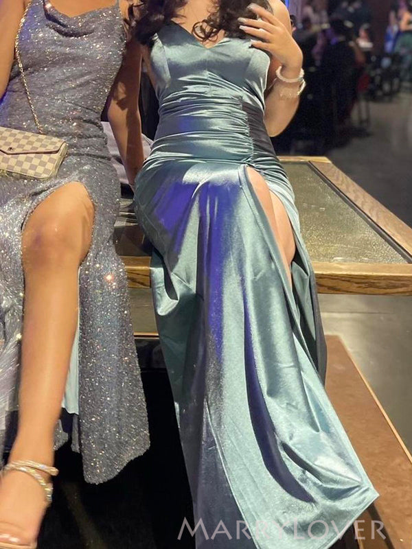 Gorgeous Satin Spaghetti Straps Side Slit Long Evening Prom Dresses, MR9232