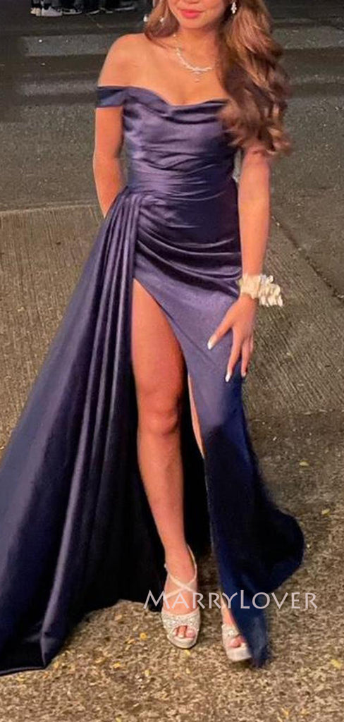 Off Shoulder Satin Side Slit Floor-length Long Evening Prom Dresses, MR9233