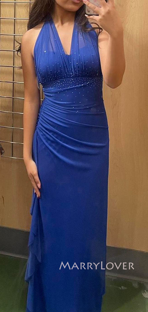 Royal Blue Chiffon V-neck Long Evening Prom Dresses, Side Slit Prom Dress, MR9276