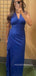 Royal Blue Chiffon V-neck Long Evening Prom Dresses, Side Slit Prom Dress, MR9276