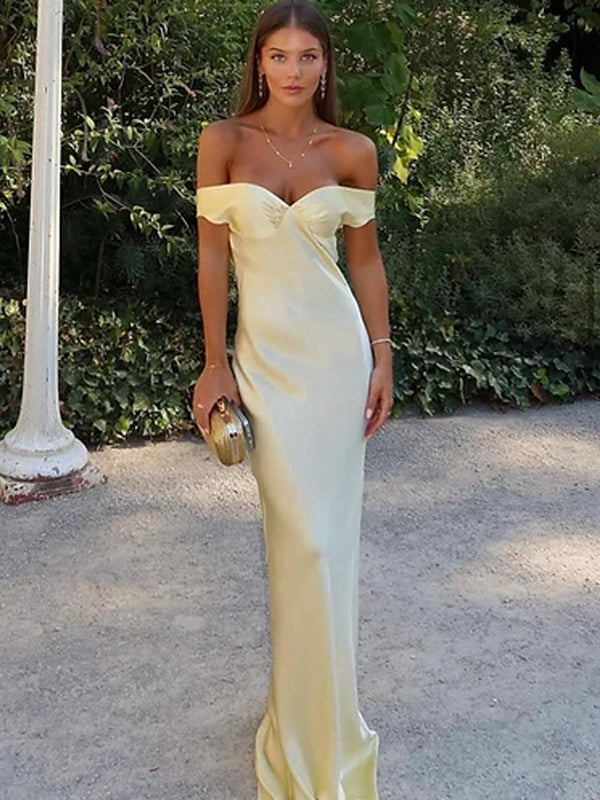 Off Shoulder Yellow Satin Mermaid Long Evening Prom Dresses, MR9359