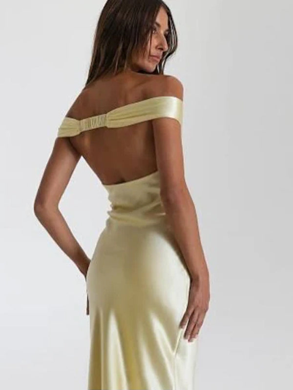 Off Shoulder Yellow Satin Mermaid Long Evening Prom Dresses, MR9359