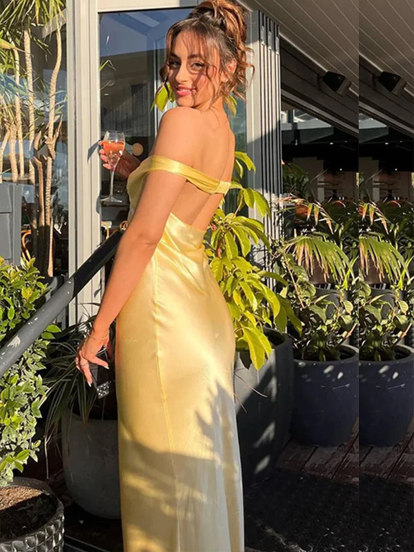 Popular Yellow Satin Mermaid Long Evening Prom Dresses, Backless Prom Dress, MR9364
