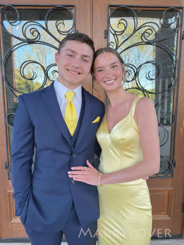 Lovely Backless Yellow Satin V-neck Long Evening Prom Dresses, Mermaid Prom Dress, MR9368