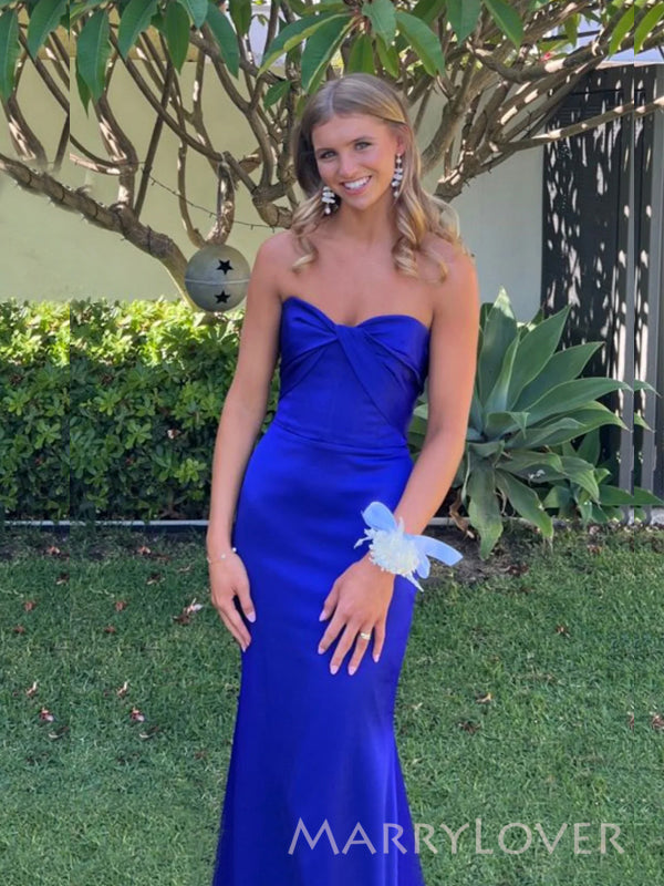 Royal Blue Satin Mermaid Sweet Heart Long Evening Prom Dresses, MR9379