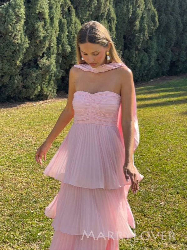Pink Chiffon Sweetheart A-line Long Evening Prom Dresses, MR9392