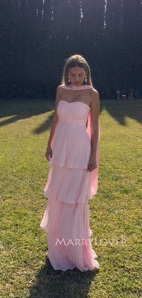 Pink Chiffon Sweetheart A-line Long Evening Prom Dresses, MR9392