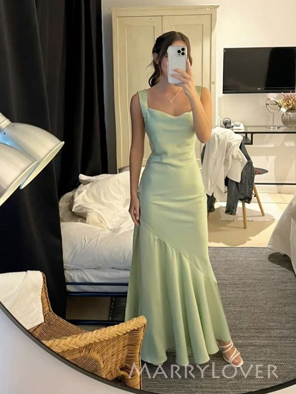 Sage Green Satin Mermaid Side Slit Long Evening Prom Dresses, MR9398