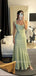 Sage Green Satin Mermaid Side Slit Long Evening Prom Dresses, MR9398