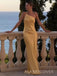 One Shoulder Gold Satin Mermaid Long Evening Prom Dresses, MR9429