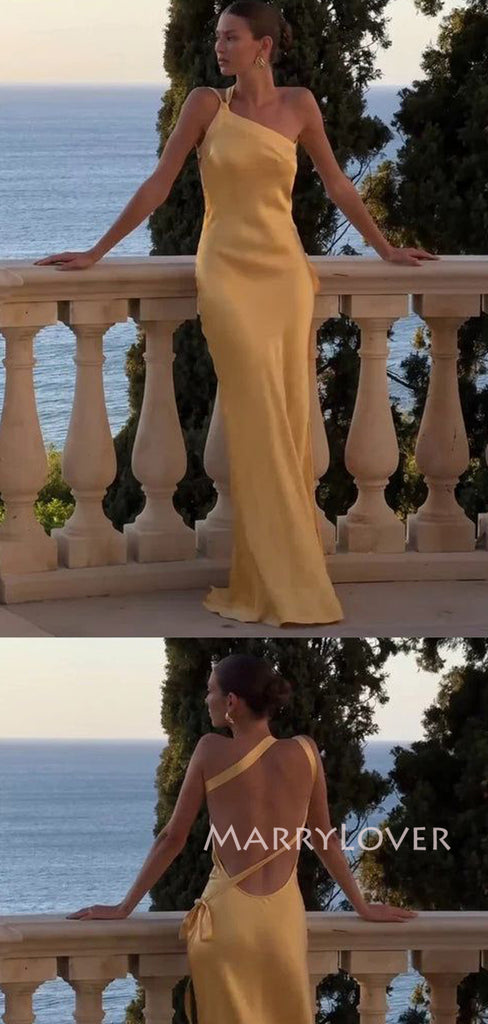 One Shoulder Gold Satin Mermaid Long Evening Prom Dresses, MR9429