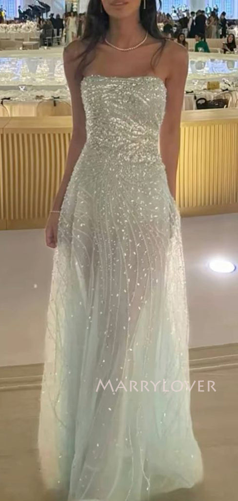 See Through Tulle Sequins Strapless Long Evening Prom Dresses, MR9465
