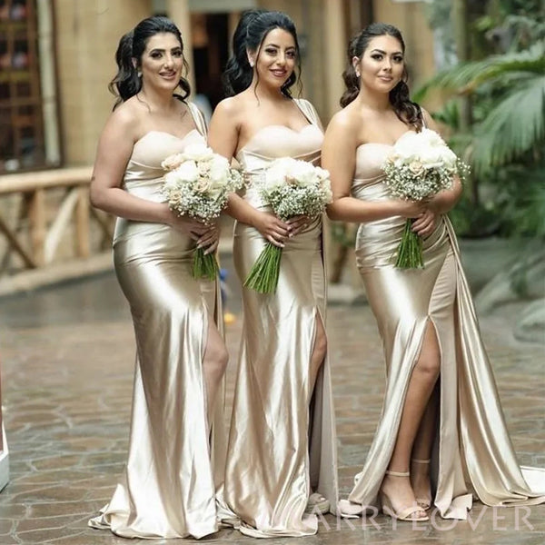 Mermaid One Shoulder Satin Side Slit Long Bridesmaid Dresses , MRB0002