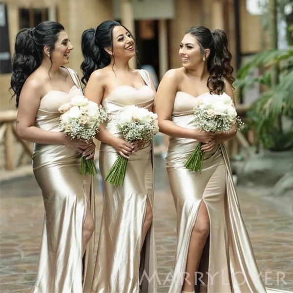 Mermaid One Shoulder Satin Side Slit Long Bridesmaid Dresses , MRB0002