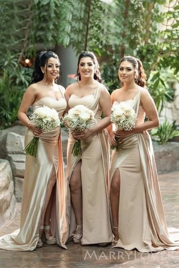 Mermaid One Shoulder Satin Side Slit Long Bridesmaid Dresses , MRB0002