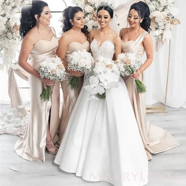 Mermaid One Shoulder Satin Side Slit Long Bridesmaid Dresses , MRB0002