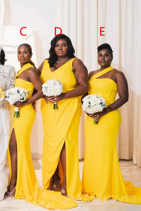 Mismatched Yellow Mermaid Side Slit Long Bridesmaid Dresses , MRB0008