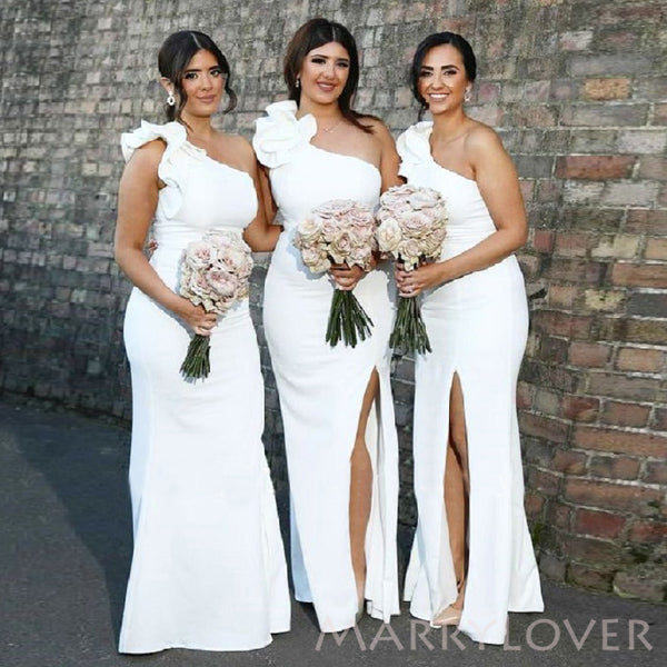 One Shoulder Mermaid White Side Slit Long Cheap Bridesmaid Dresses , MRB0022