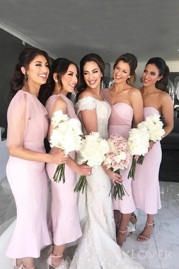 One Shoulder Pink Sweetheart Mermaid Cheap Long Custom Bridesmaid Dresses , Short Bridesmaid dress, MRB0040