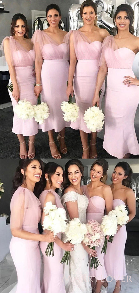 One Shoulder Pink Sweetheart Mermaid Cheap Long Custom Bridesmaid Dresses , Short Bridesmaid dress, MRB0040