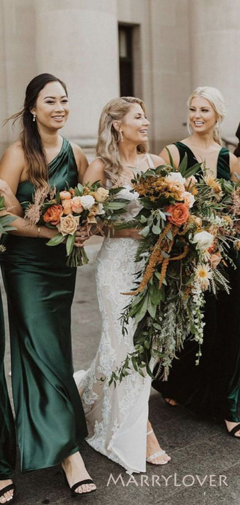 Mismatched Dark Green Satin Velvet Cheap Long Bridesmaid Dresses , MRB0041
