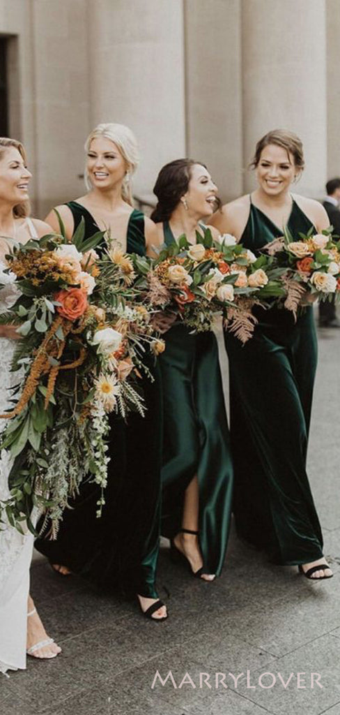 Mismatched Dark Green Satin Velvet Cheap Long Bridesmaid Dresses , MRB0041