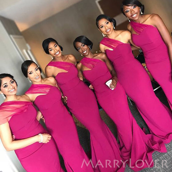 One Shoulder Fuchsia Mermaid Long Custom Bridesmaid Dresses , MRB0045