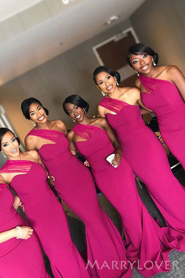 One Shoulder Fuchsia Mermaid Long Custom Bridesmaid Dresses , MRB0045