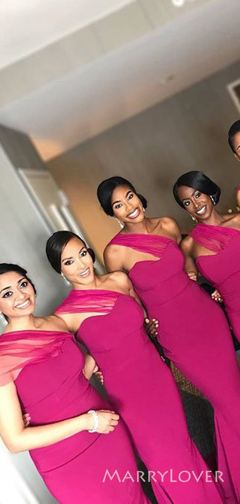 One Shoulder Fuchsia Mermaid Long Custom Bridesmaid Dresses , MRB0045