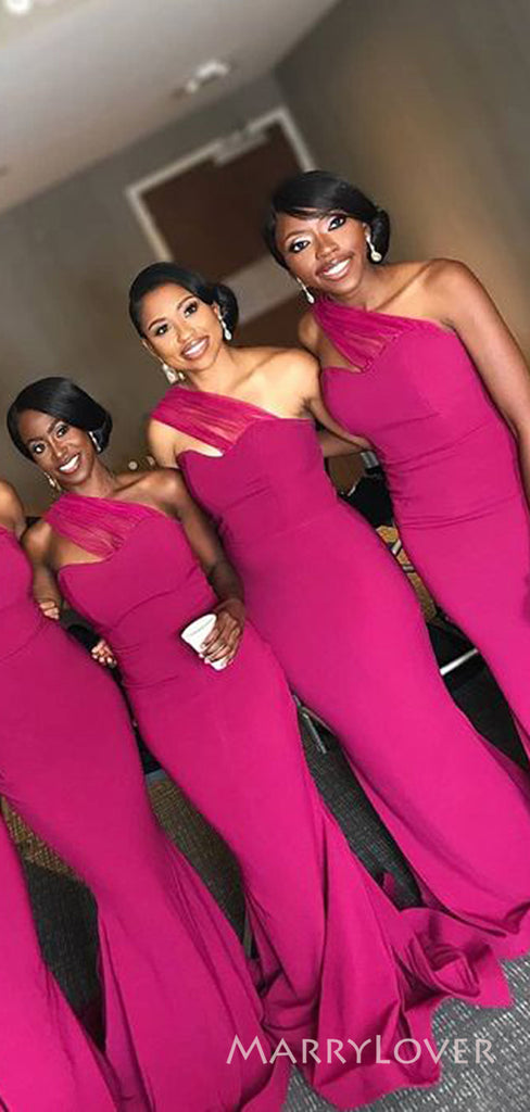 One Shoulder Fuchsia Mermaid Long Custom Bridesmaid Dresses , MRB0045