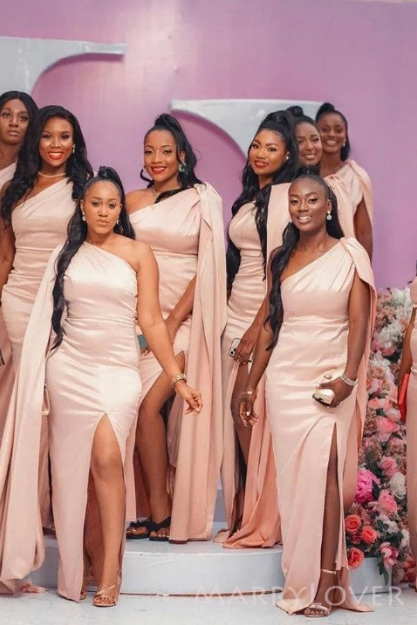 One Shoulder Satin Cheap Side Slit Long Custom Bridesmaid Dresses , MRB0049