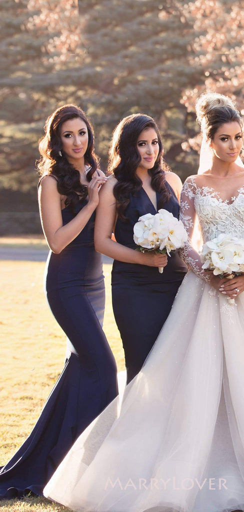Mismatched Navy Blue Satin Mermaid Long Custom Bridesmaid Dresses , MRB0055
